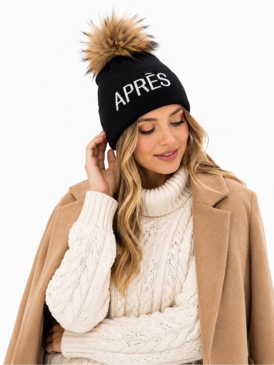 CK Bradley Après Black Knit Beanie Detachable Faux Fur Pom OS
